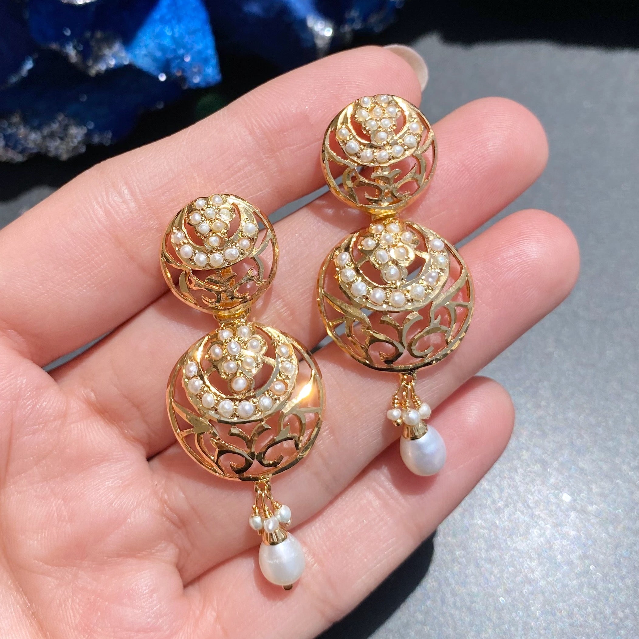 Intricately Designed Necklace Set with Jaali Work | Gold Plated on Silver | Freshwater Pearl Jewelry
