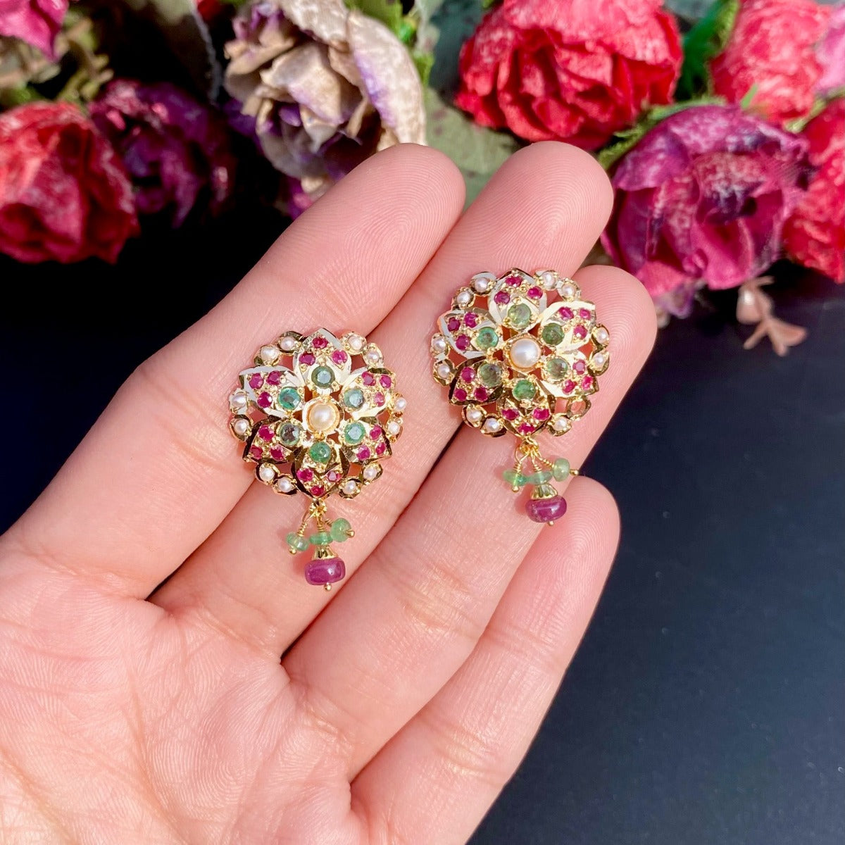 small gold studs with ruby emerald