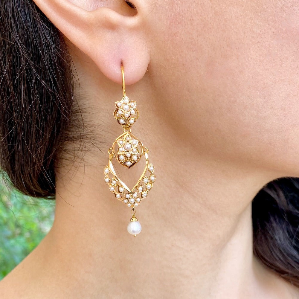 fish-hook chandbali earrings in gold embellished with pearls for women