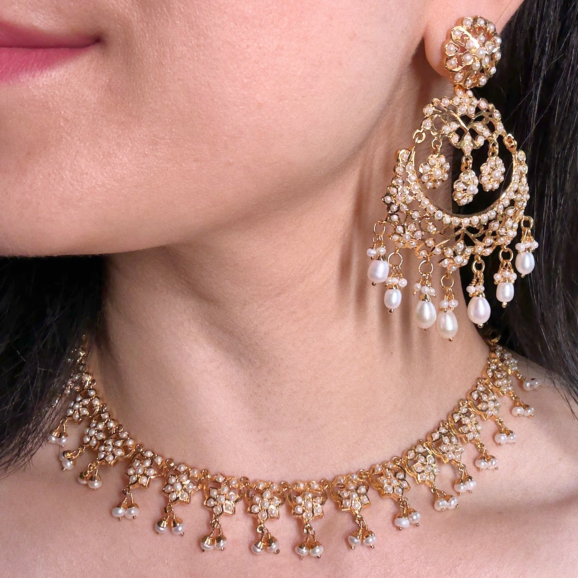 Delicate Necklace with Statement Chandbali Earrings | Traditional Indian Jewelry on Gold Plated Silver