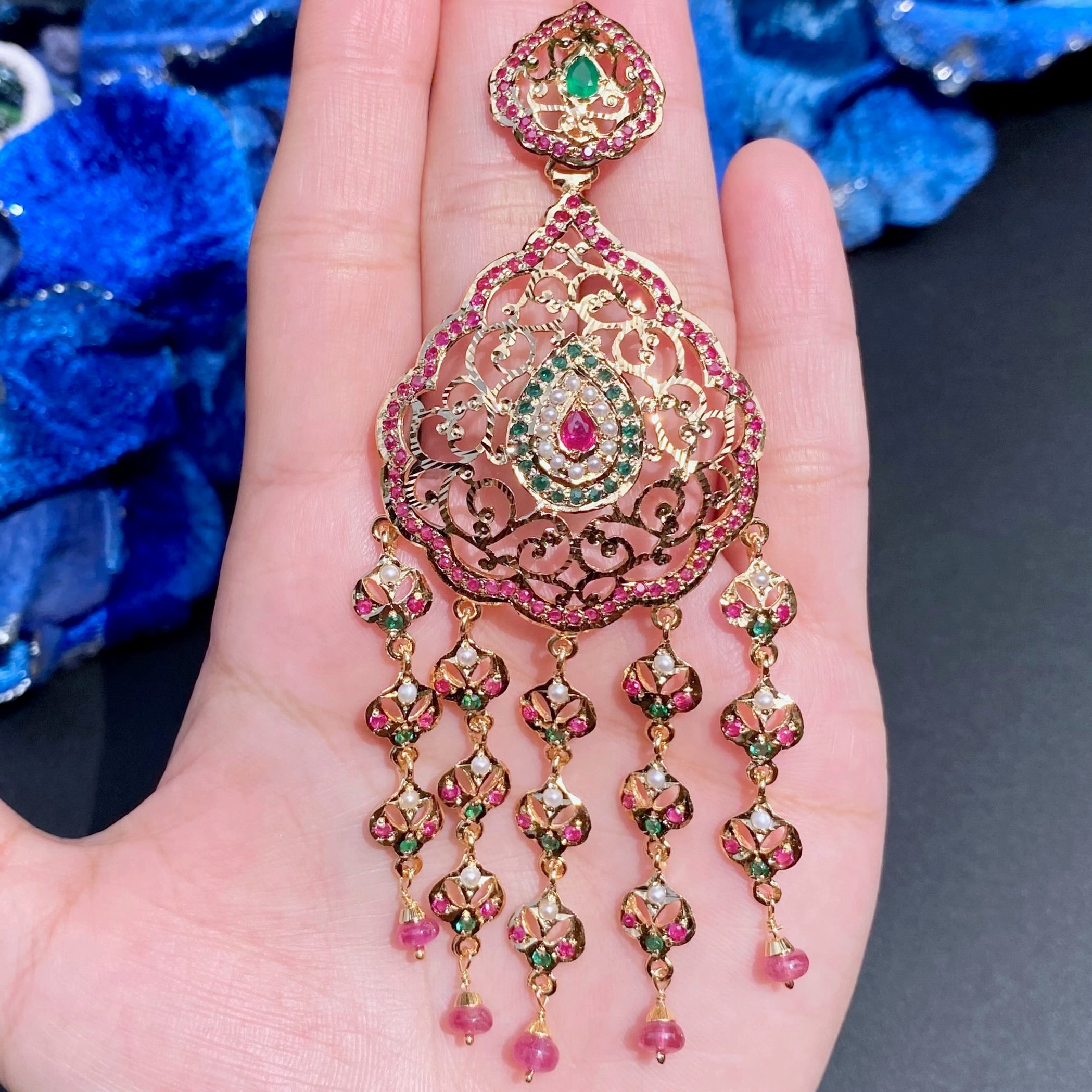 Statement Dangler Earrings | Gold Plated on Silver with Red Green Stones & Pearls | ER 602