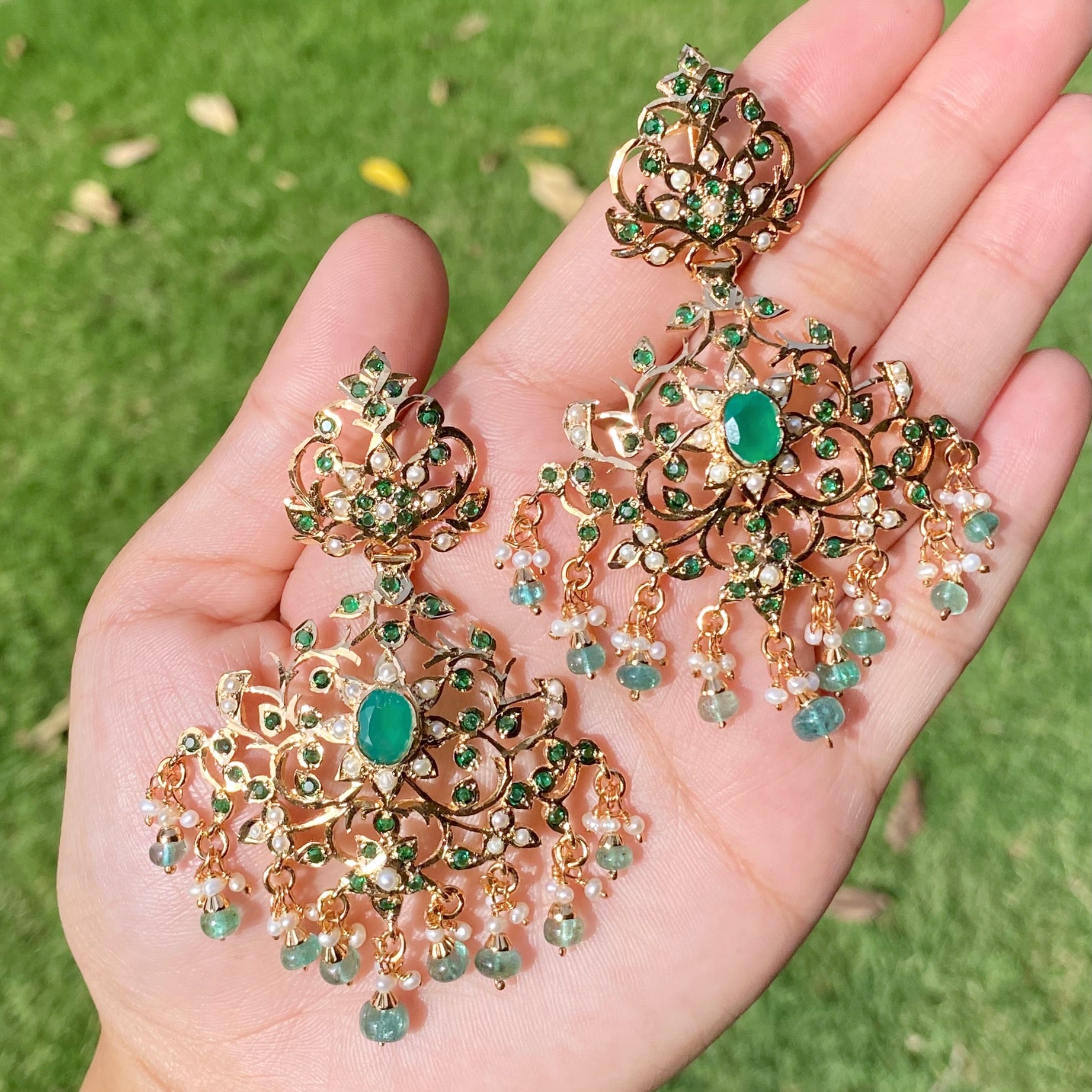 green pakistani earrings on gold plated silver