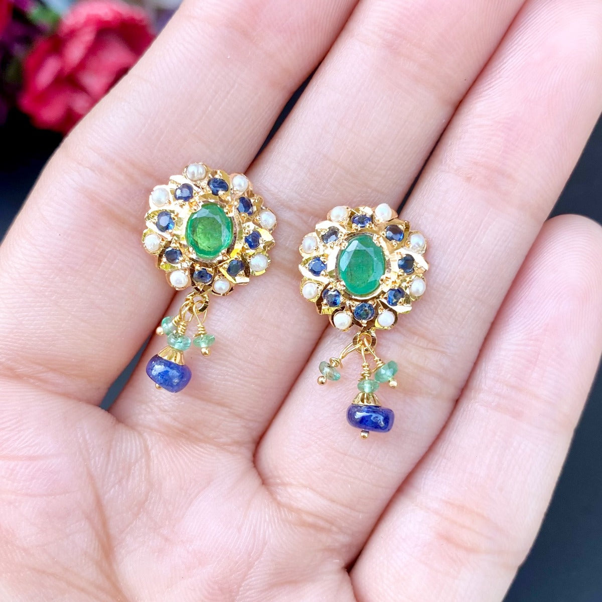 emerald indian gold studs tanishq