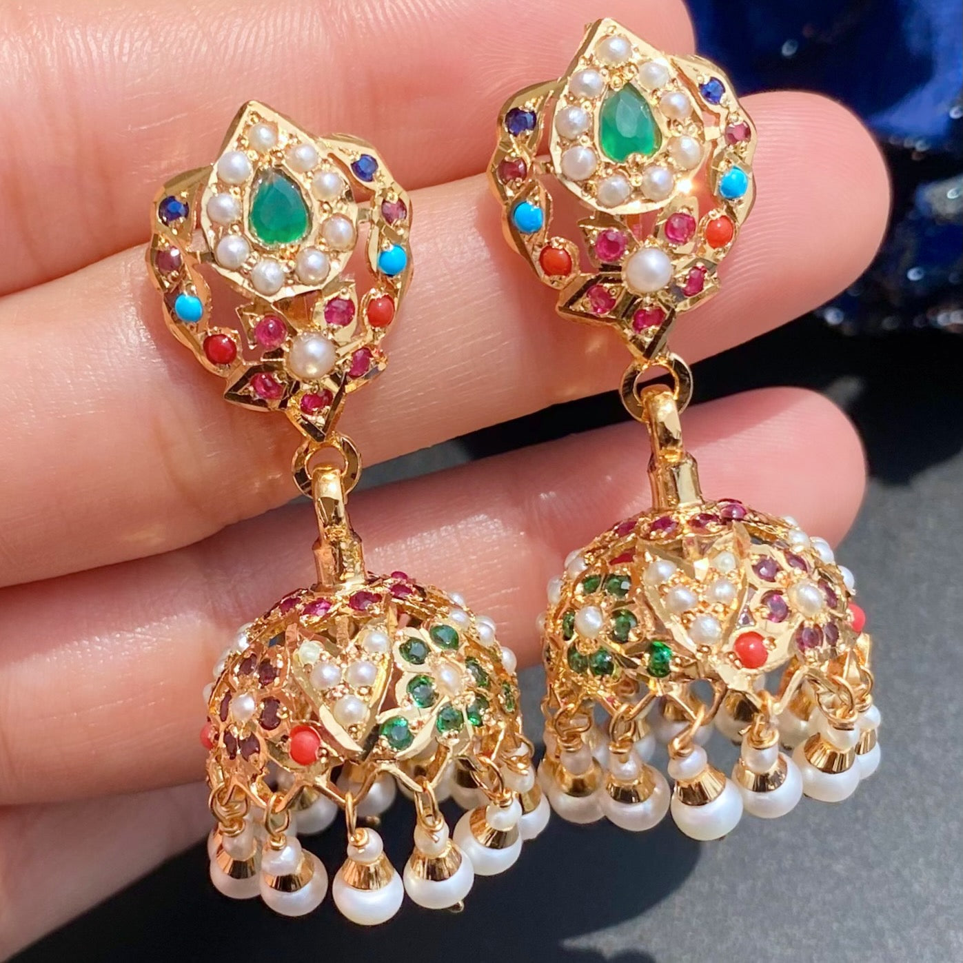Silver Jhumki | Navratna Color Combination| Small Dainty Size ER 588