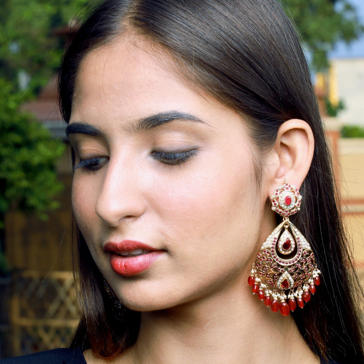Multicolored Jadau Chandbali Earrings in Gold Plated Silver ER 019
