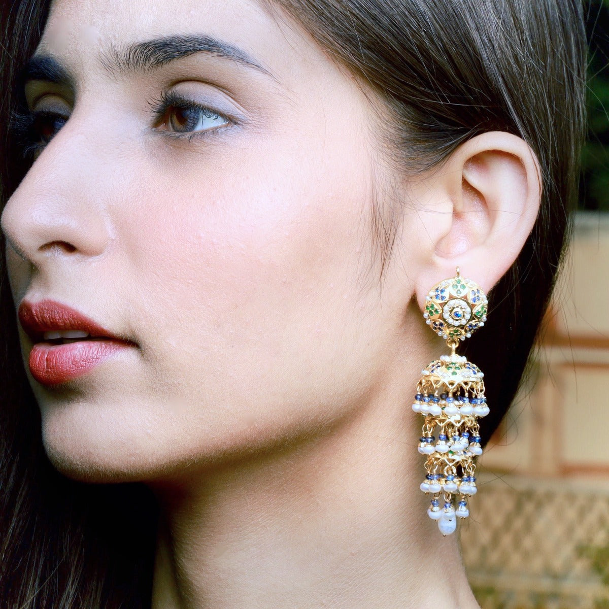 Multicolored Jadau Tripple Jhumka Earrings in Gold Plated Silver ER 213