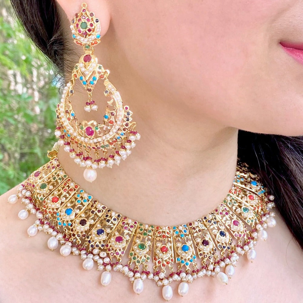 bridal wear ethnic indian jewelry on 22k gold and navratna stones