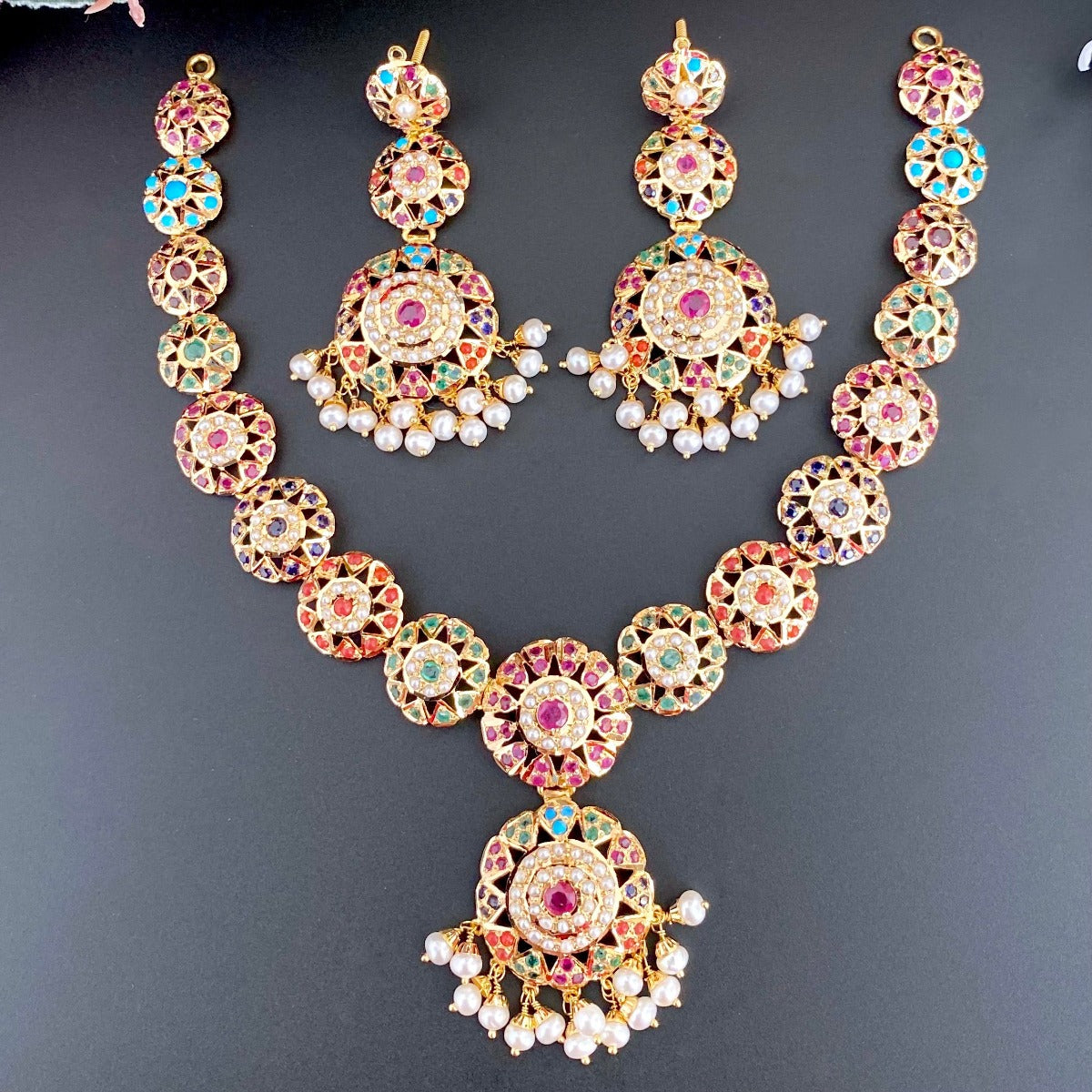 amritsari indian jewelry in navratna colors in 22k