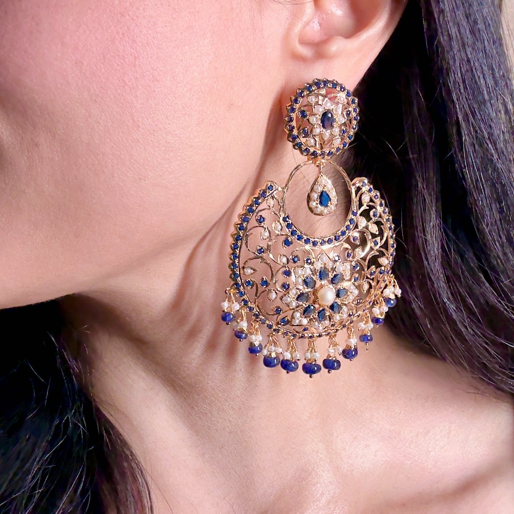 Magnificient Blue Sapphire Chandbalis | Gold Plated ER 557