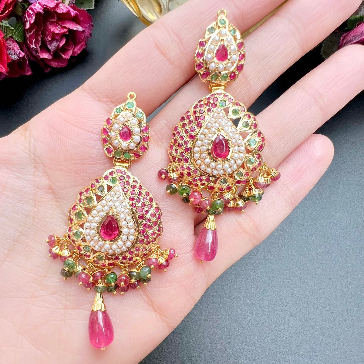 tanishq jadau earrings on gold and ruby emerald pearls