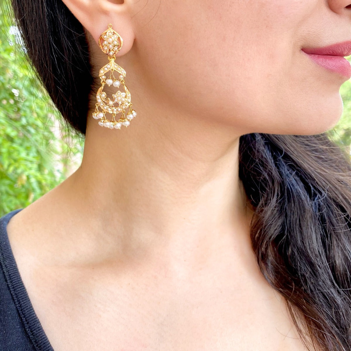 dainty pearl chandbali earrings in 22 carat gold