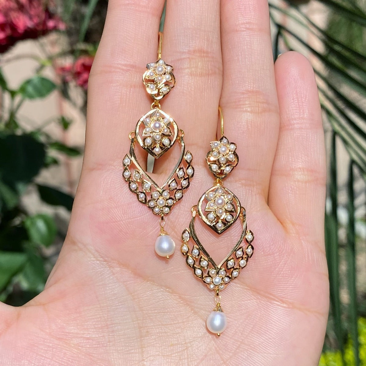 lightweight gold chandbali earrings studded with pearls