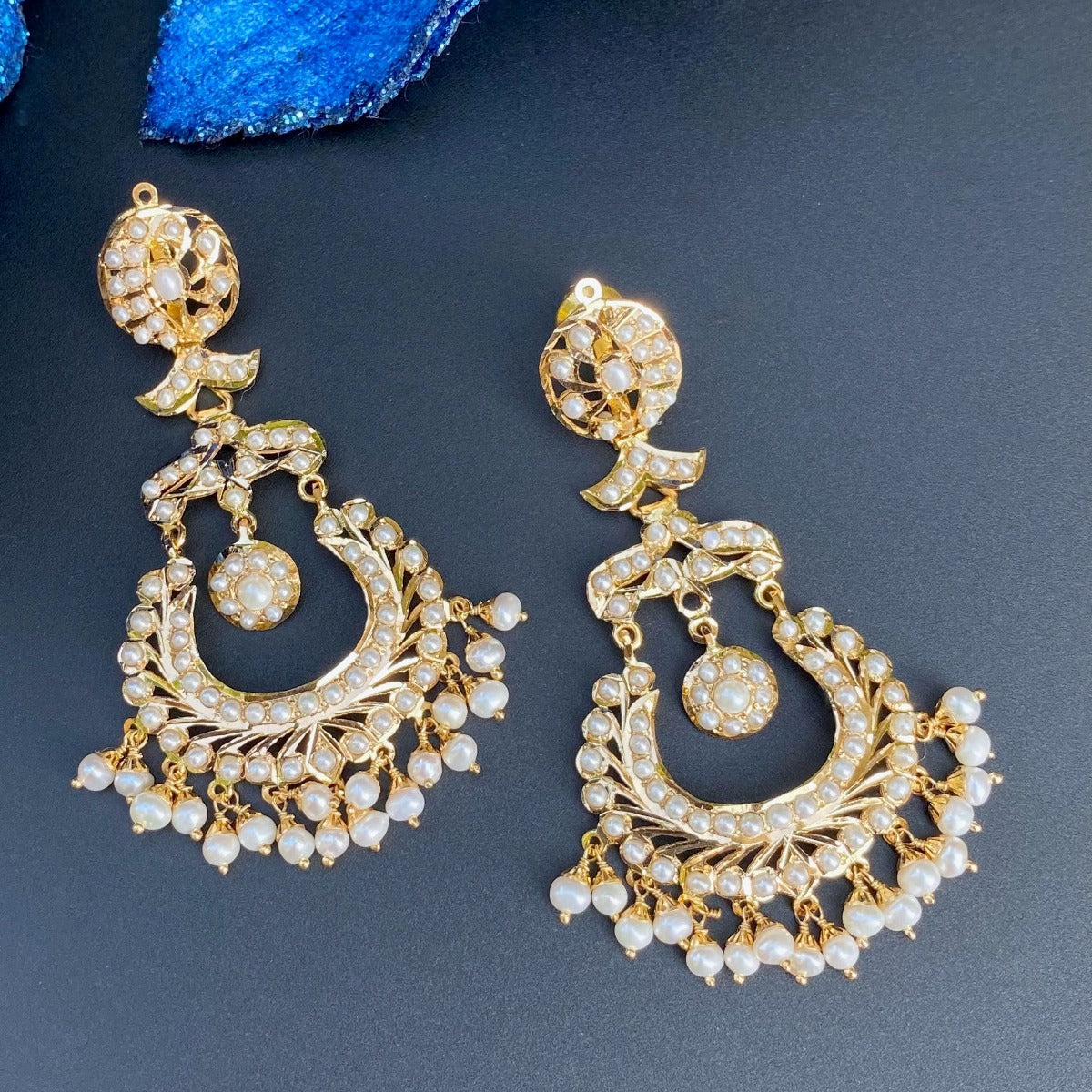 real pearls studded gold chandbali earrings