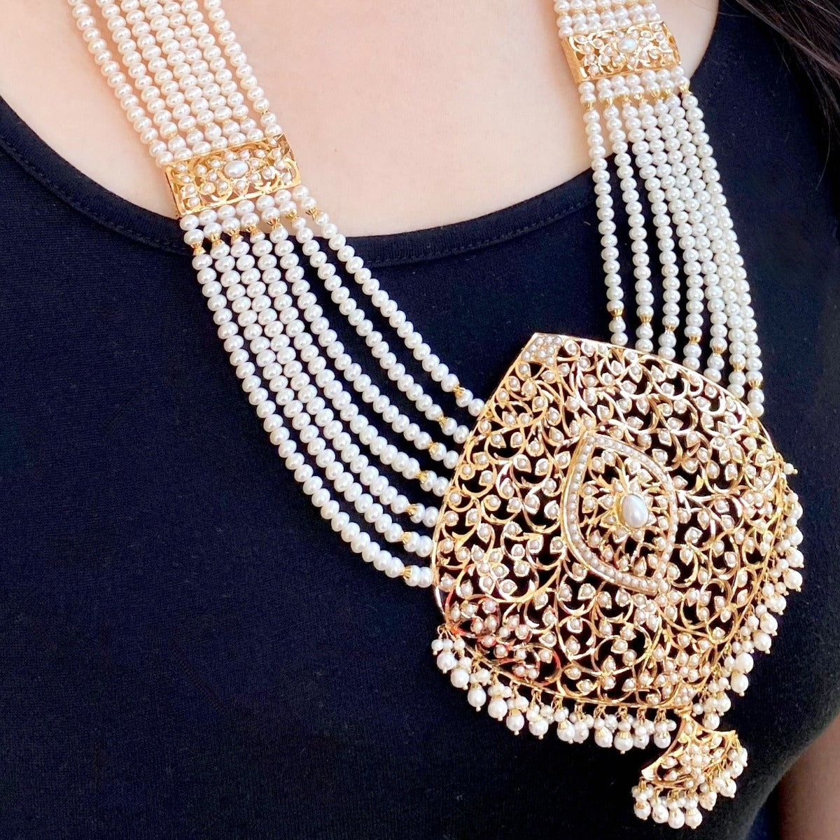 old school bengali joroa rani haar set in gold studded with freshwater pearls