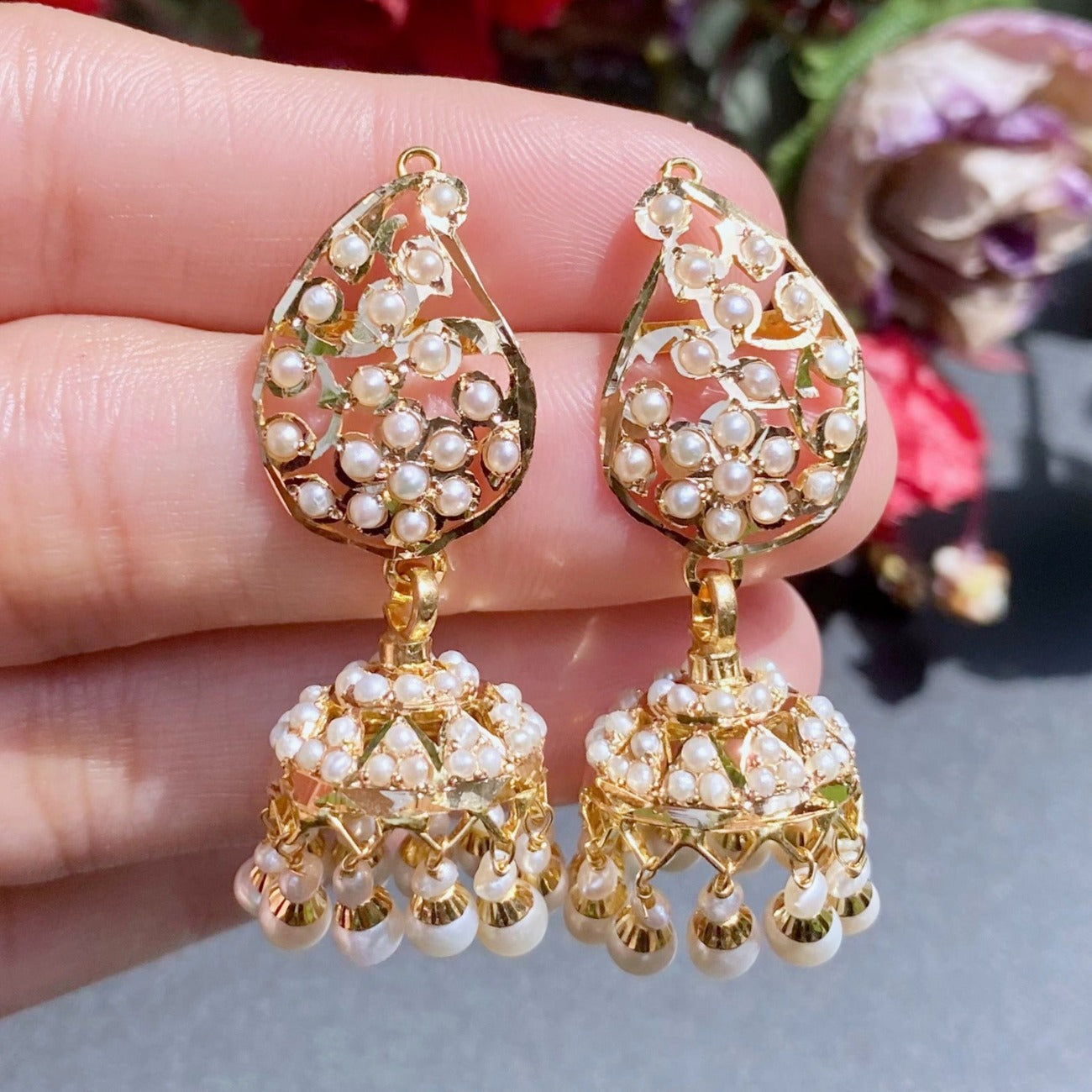 lightweight pearl jhumki in gold usa under 2 tola