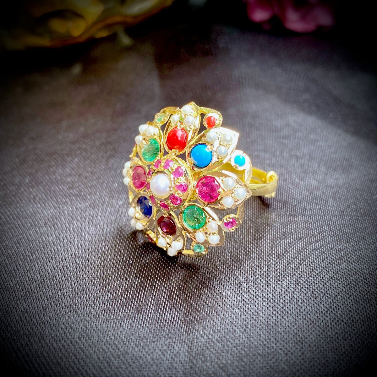 22k gold indian gold ring studded with navratna stones