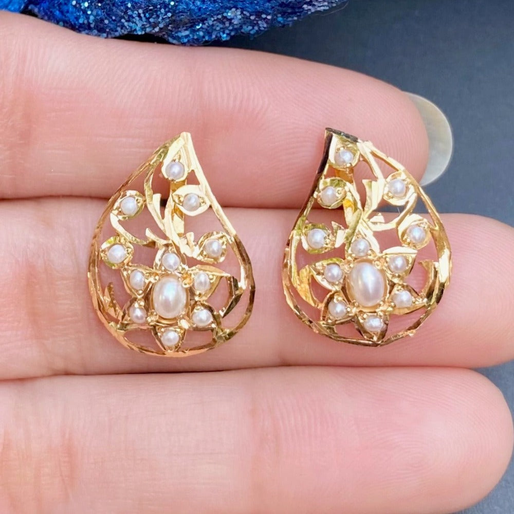 paisley shaped pearl studs for women in gold