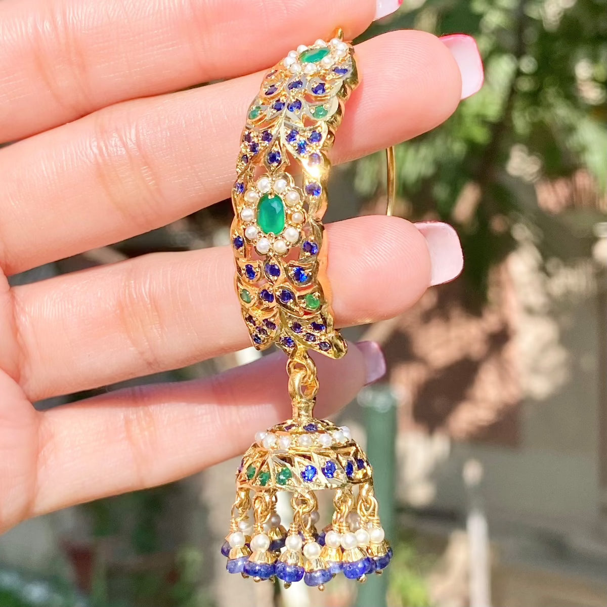 Gold Plated Emerald-Sapphire-Pearl Dandi Jhumki in 925 Silver ER 160A