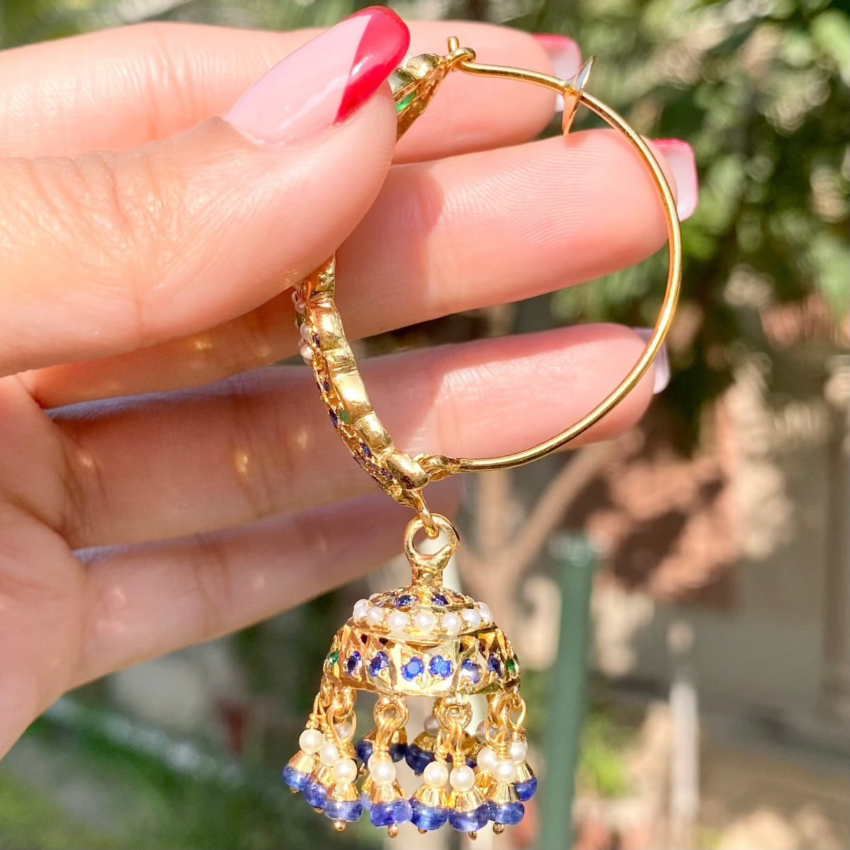 Gold Plated Emerald-Sapphire-Pearl Dandi Jhumki in 925 Silver ER 160A