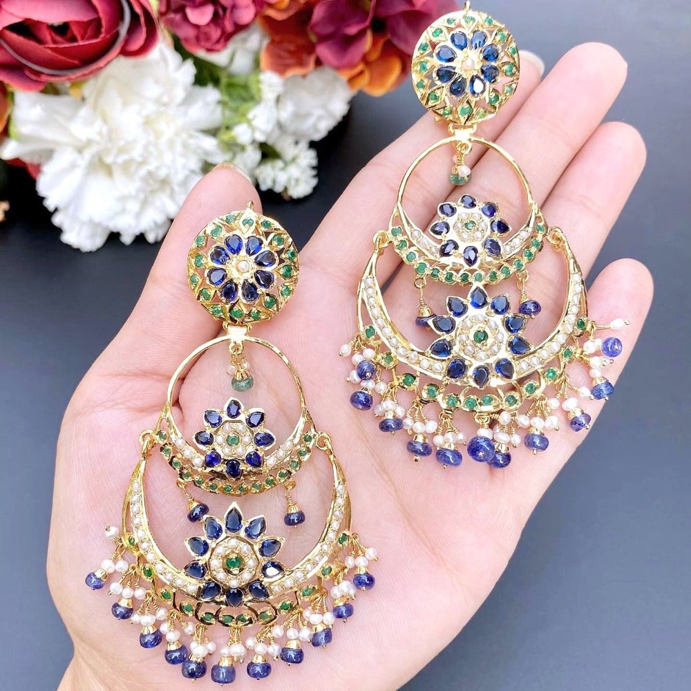 Buy Latest Punjabi Blue Sapphire chandbali Earrings Online