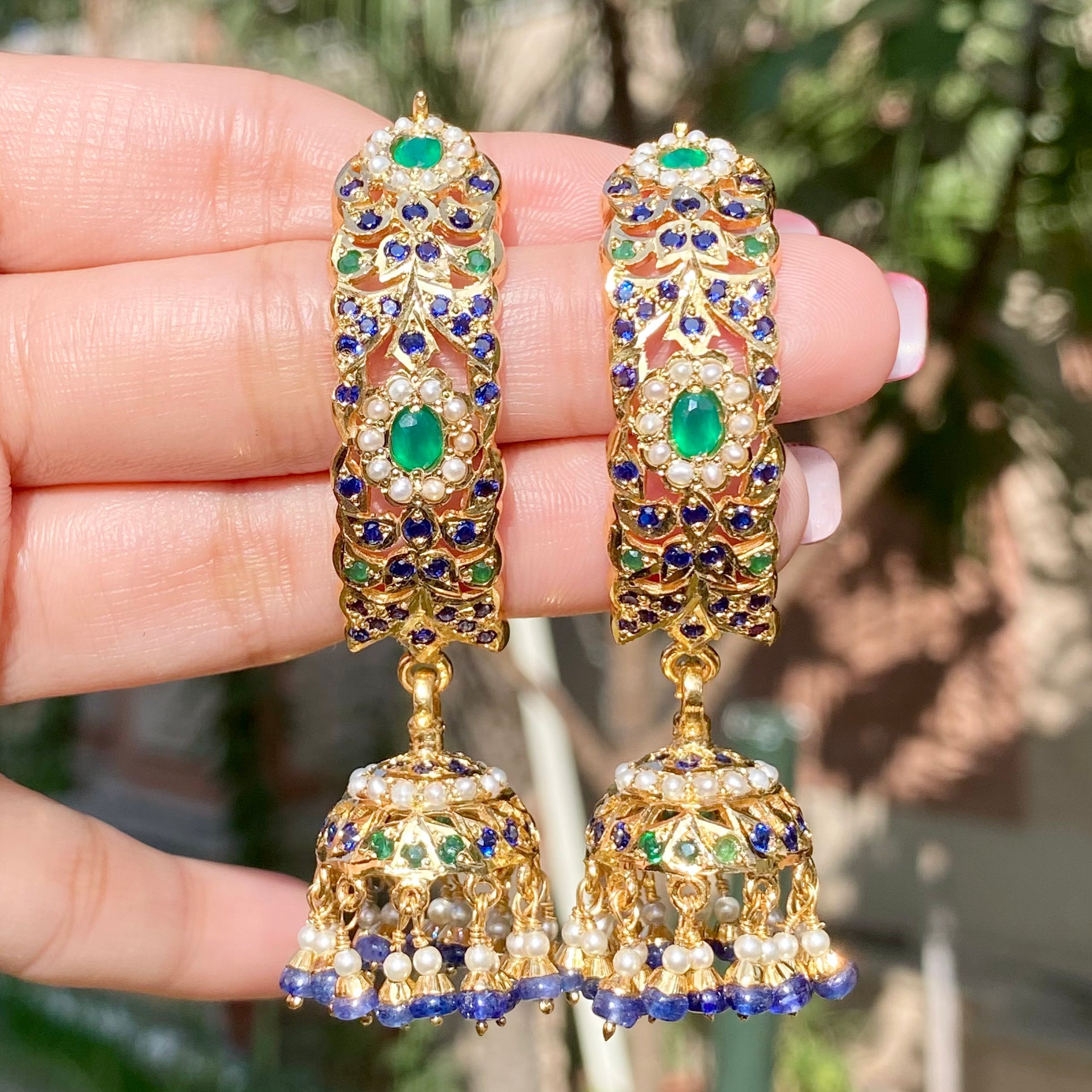 Gold Plated Emerald-Sapphire-Pearl Dandi Jhumki in 925 Silver ER 160A