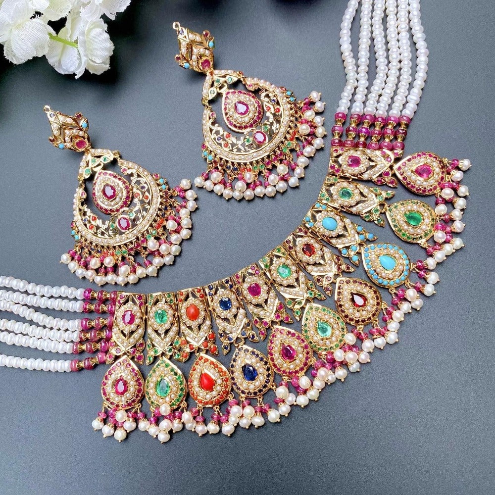 Party-wear Navratana Choker | Chandbali Earrings | 22ct Gold Sets GNS 165