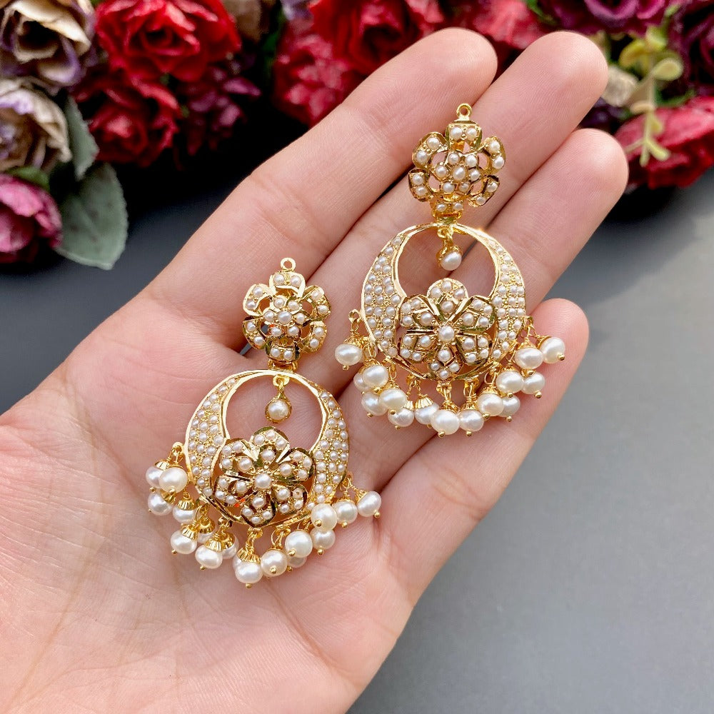 handmade indian gold chandbali earrings studded with authentic freshwater pearls