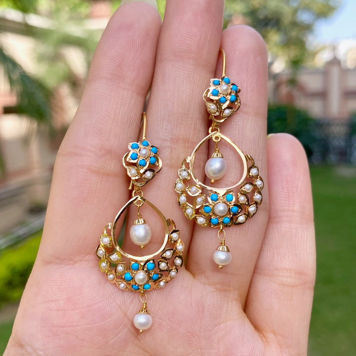 handmade indian gold earring studded with pearls and turquoise