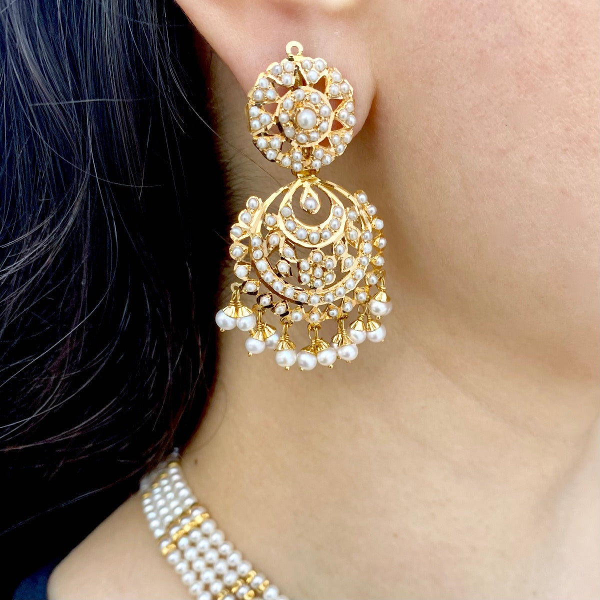 medium sized pearl chandbalis made on 22k gold