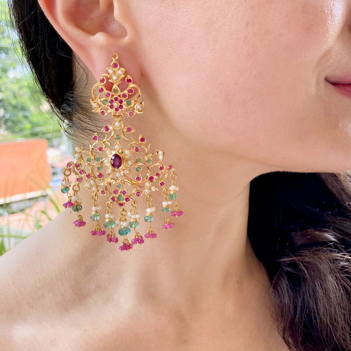 22k gold statment earrings with rubies and emeralds