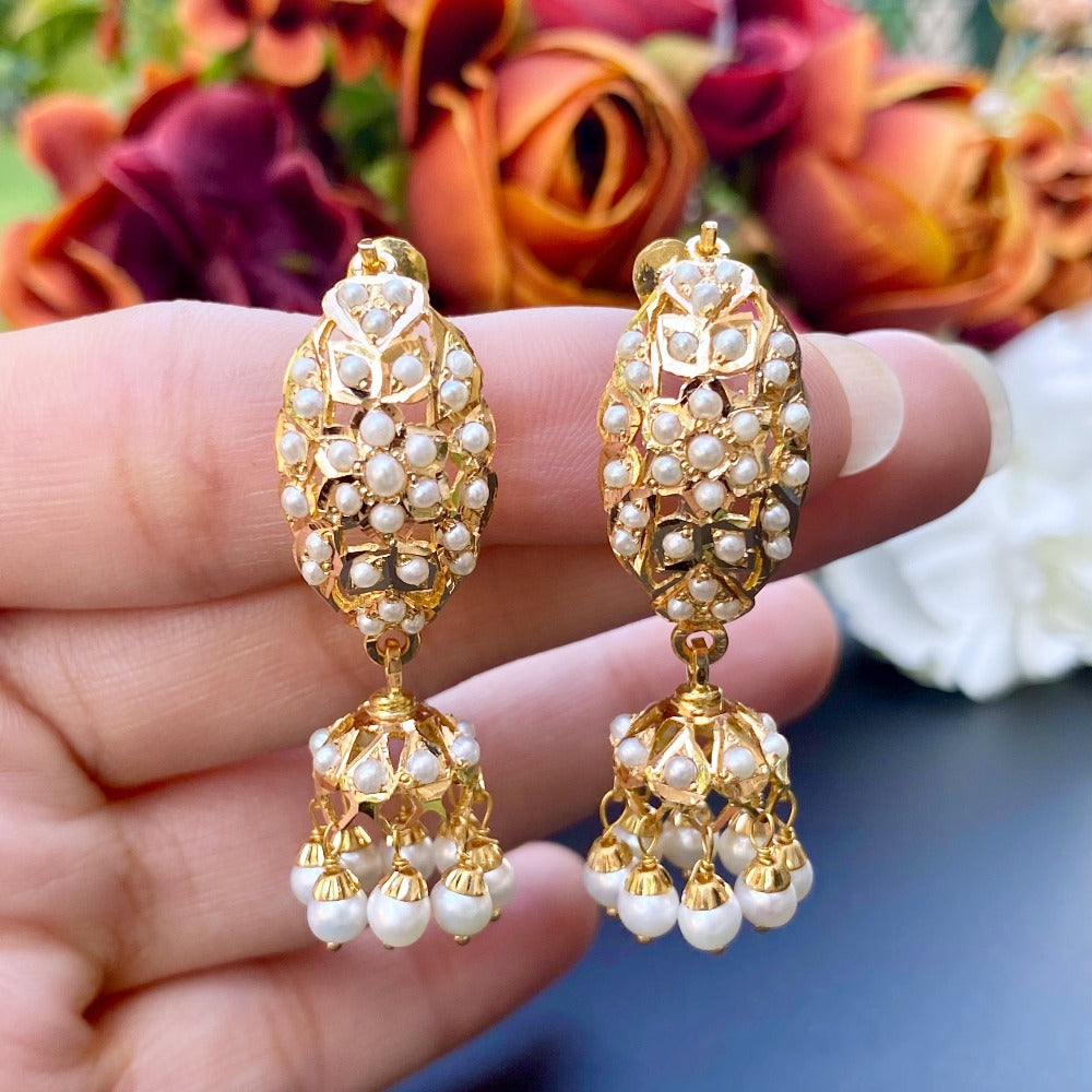 22k gold light jhumka earrings studded with pearls