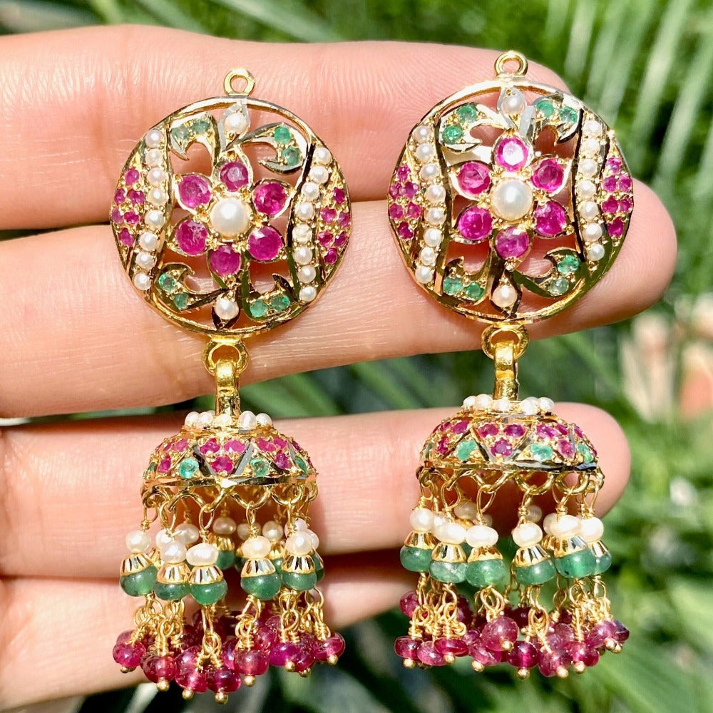 multicolored indian jadau jhumki in 22k gold