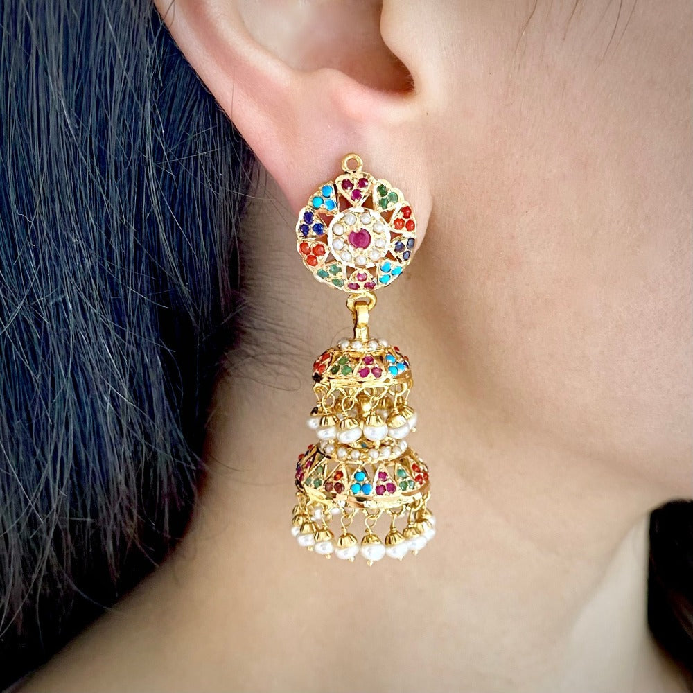 indian navratna gold double jhumka earrings