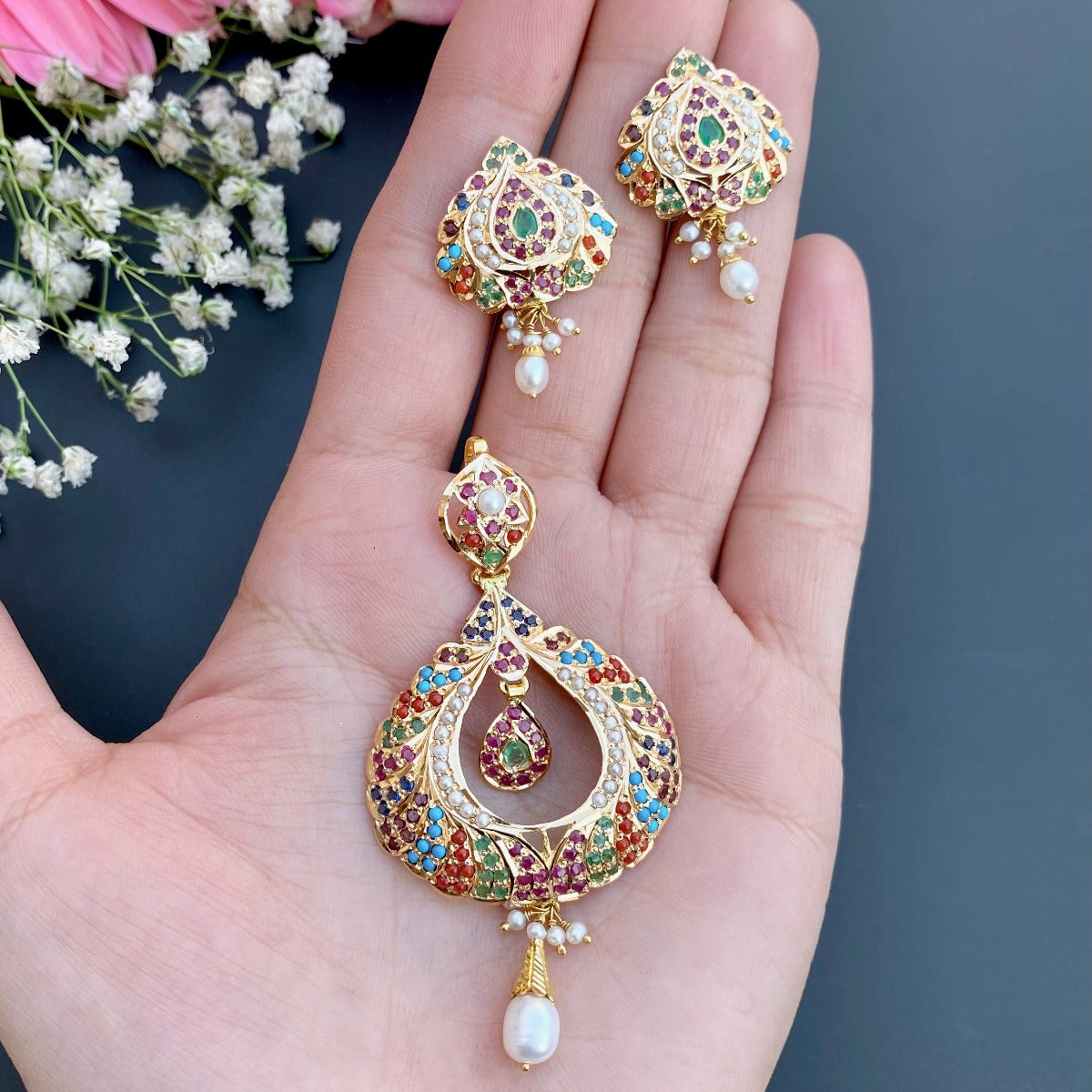 buy 22k gold chandbali shaped navratna pendant and earrings set in usa for women online