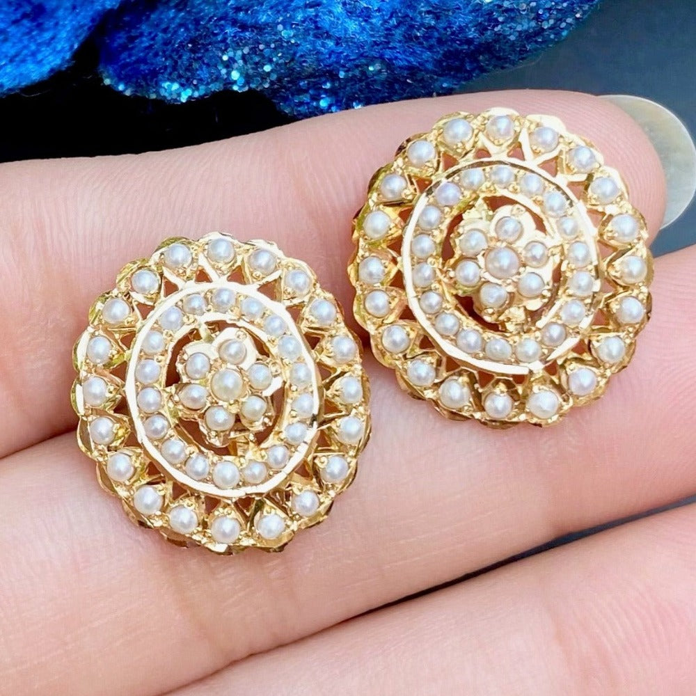 oval indian pearl stud earrings on gold