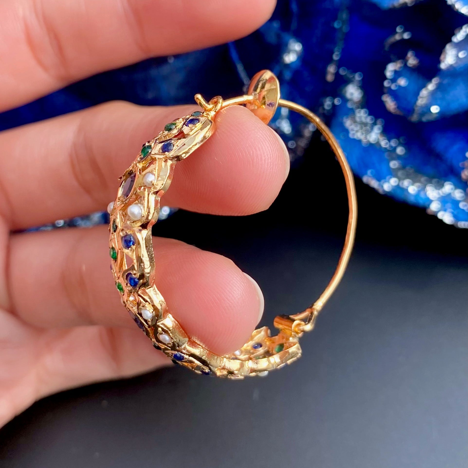 Jadau Hoop Earrings | Handcrafted Bali Earrings | Emerald Sapphire Hoops | ER 479