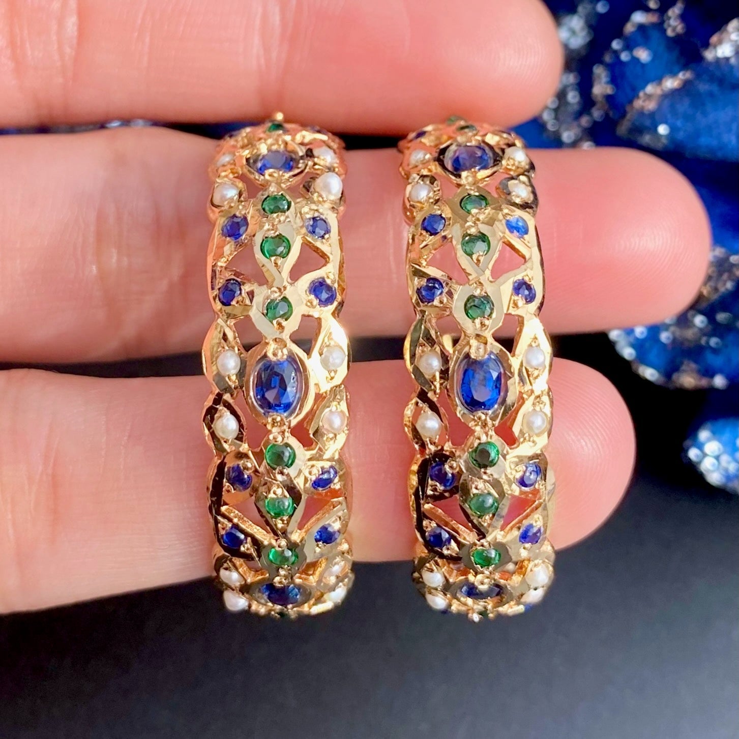 Jadau Hoop Earrings | Handcrafted Bali Earrings | Emerald Sapphire Hoops | ER 479