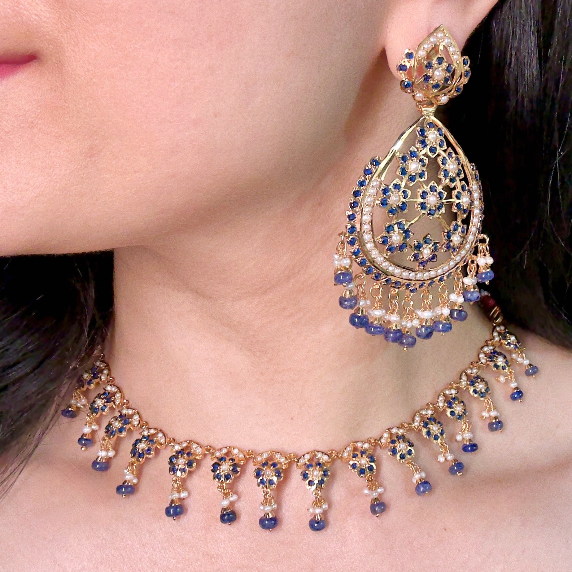 Sleek Necklace with Large Earrings | Premium Indian Fashion Jewelry on Gold Plated Silver