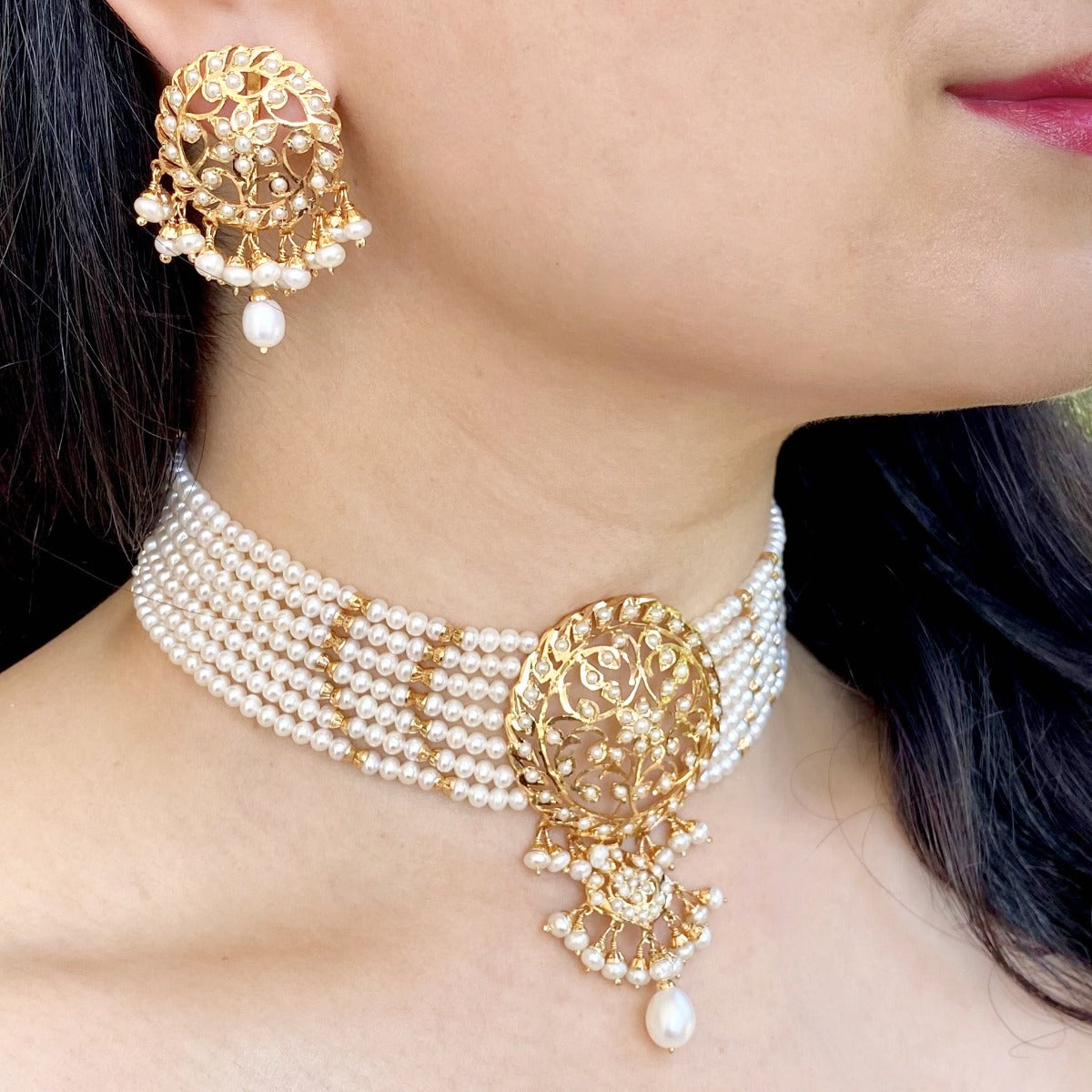 Edwardian Victorian Styled Pearl Necklace Set | Gold Plated | Indian Touch