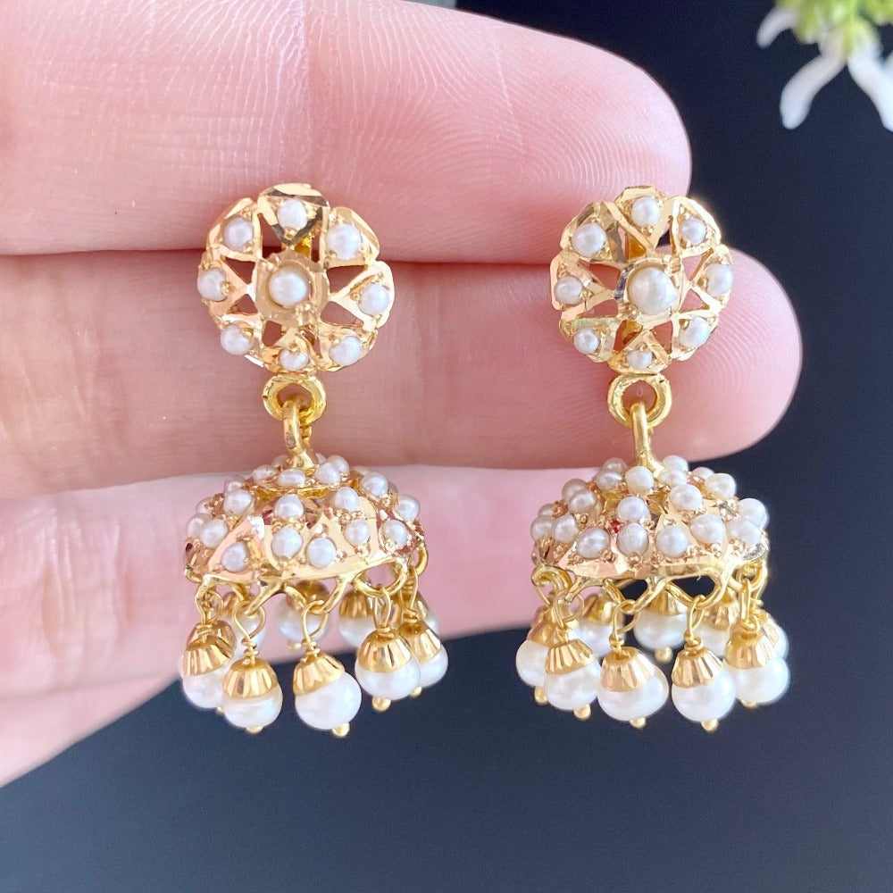 light weight pearl jhumka earrings on 22k gold studded with freshwater pearls