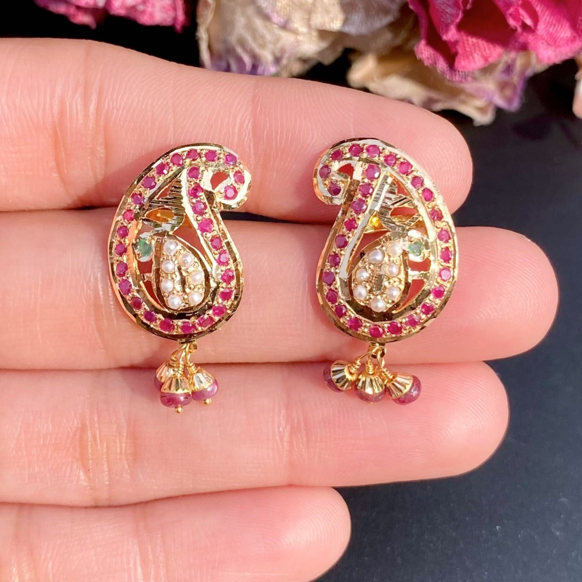 indian stud earrings on 22k gold mango shaped