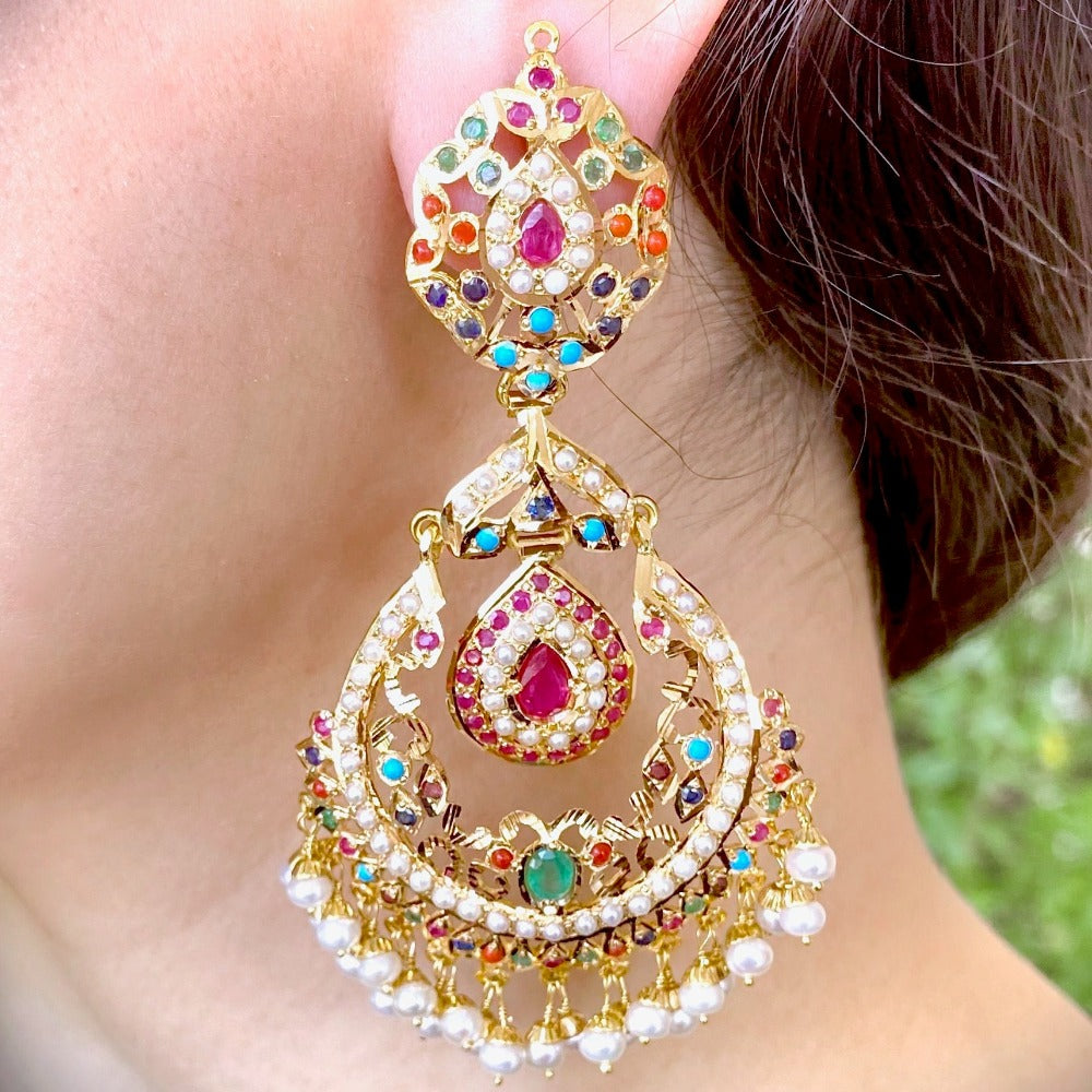 navratna chandbali earrings in 22k gold