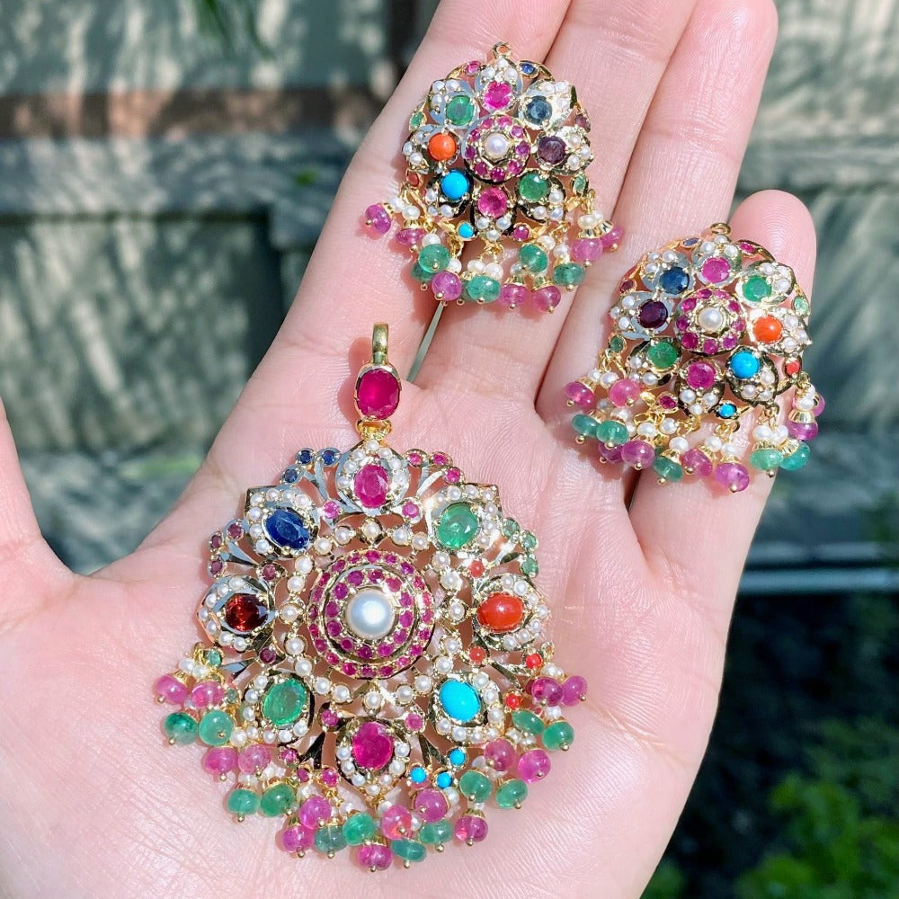 gold pendant set in navratna colors