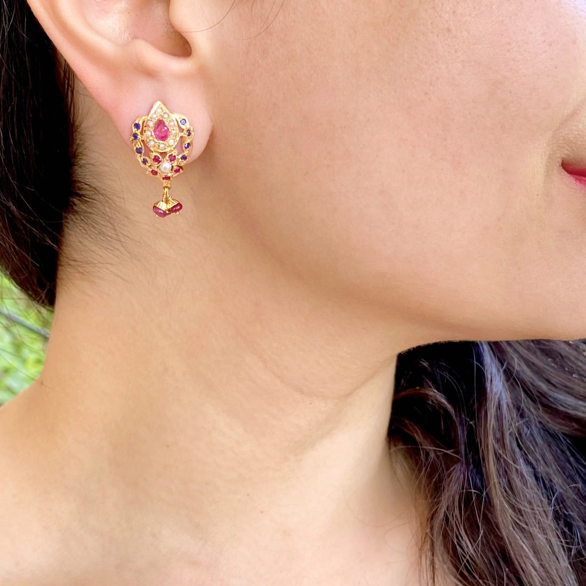 22k gold jadau studs with ruby, blue sapphires and pearls