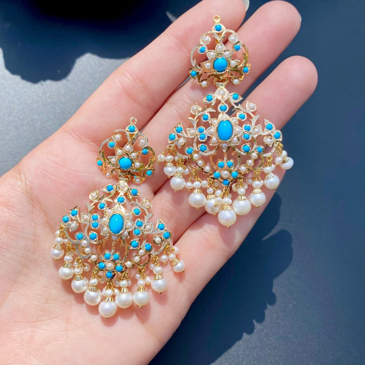 jadau earrings with pearls and firoza on 22k gold