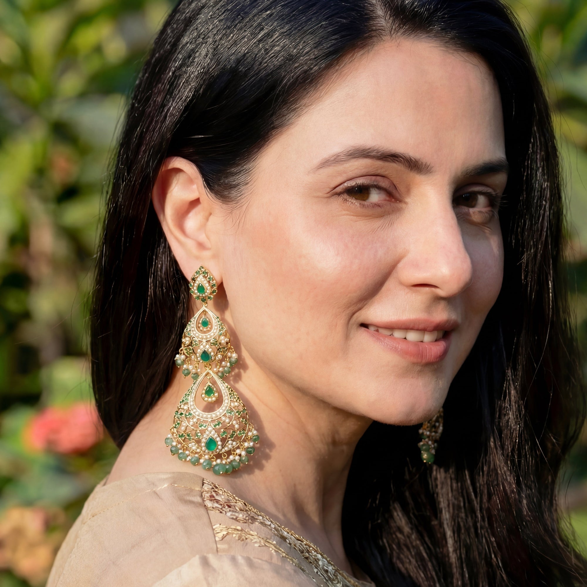 Statement Indian Earrings with Emeralds | Long Gold Plated Danglers ER 307