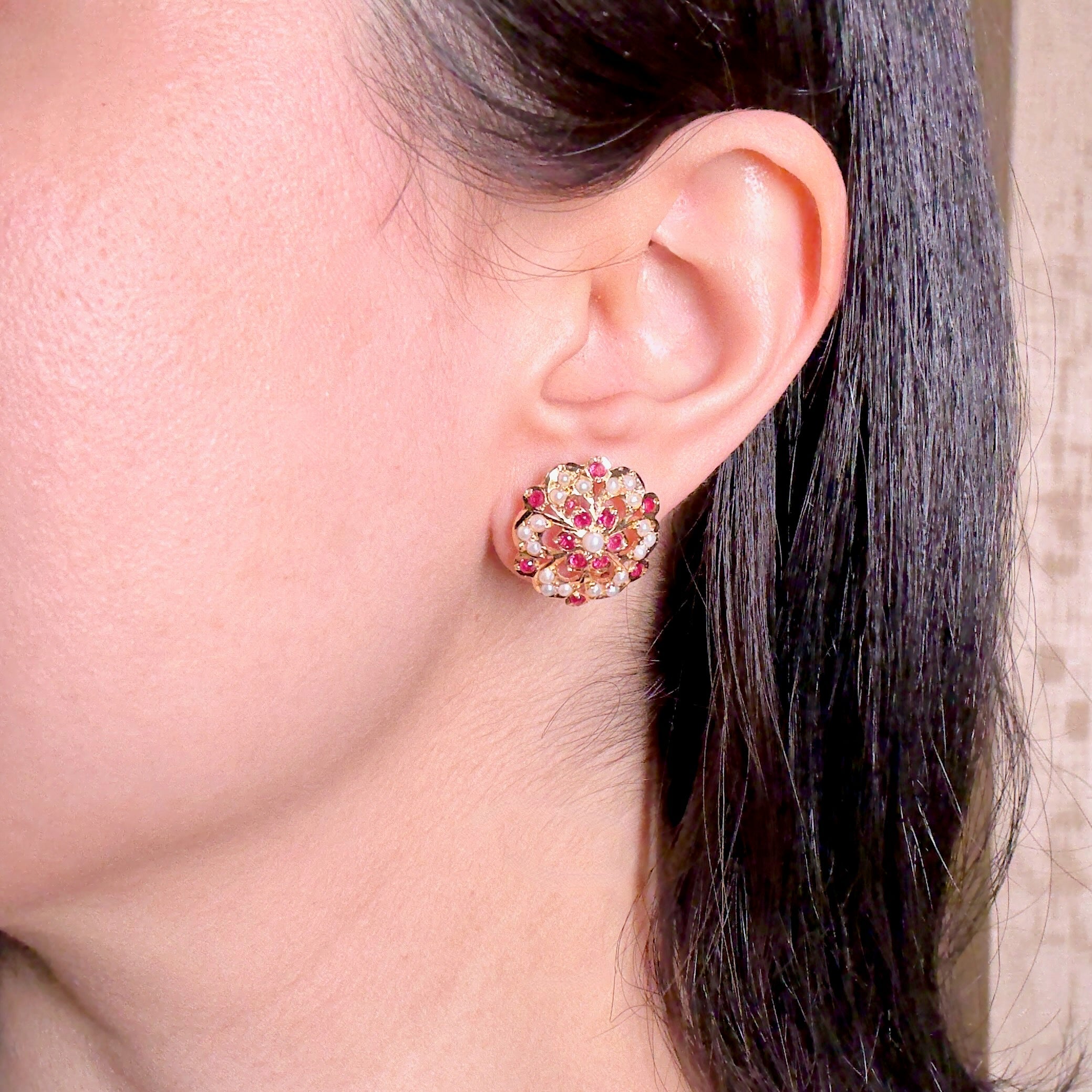 Intricate Jadau Tops on Silver | Ruby Pearl Combination | Premium Handmade Indian Jewelry ER 582