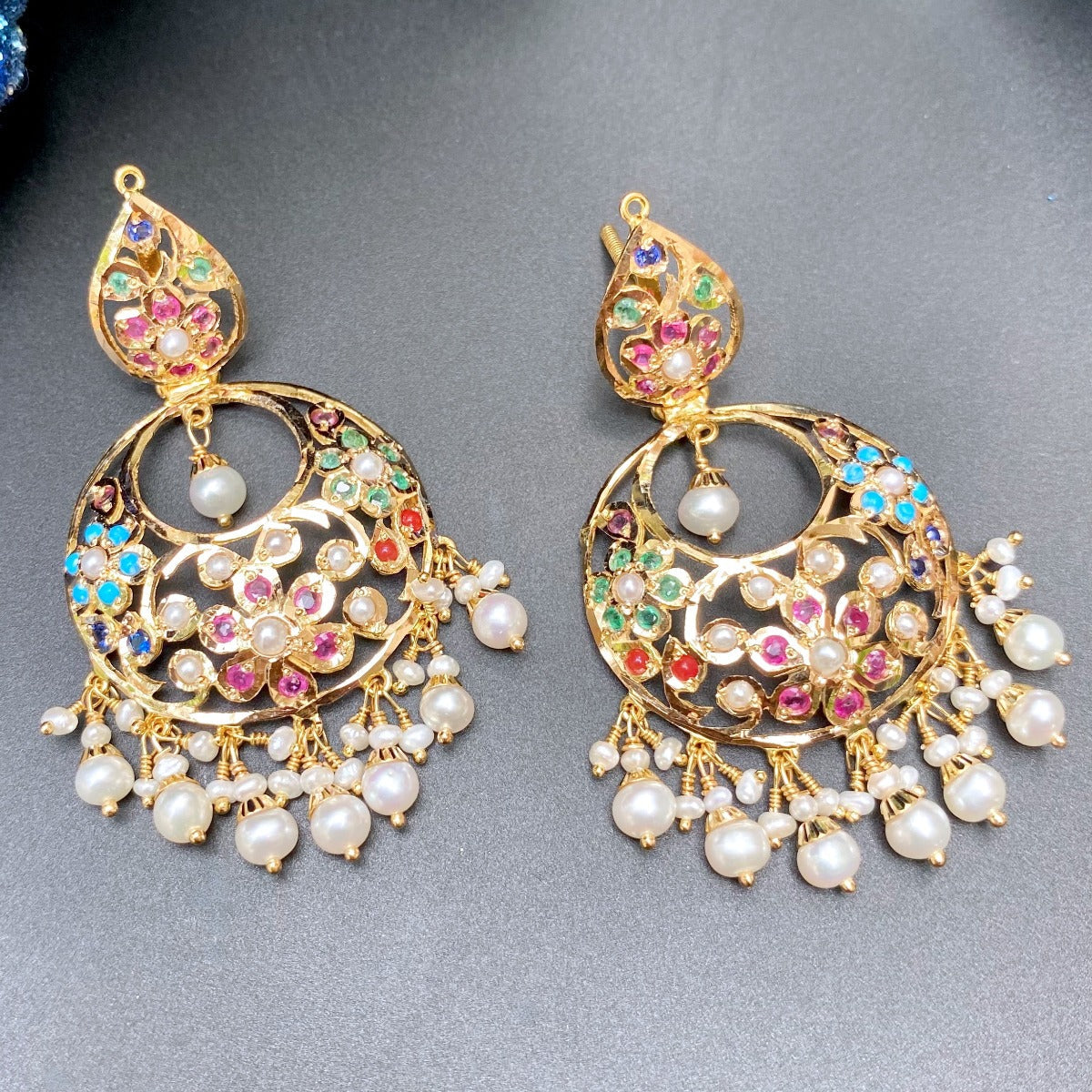 jadau chandbali in 22k gold and navratna stones in mumbai