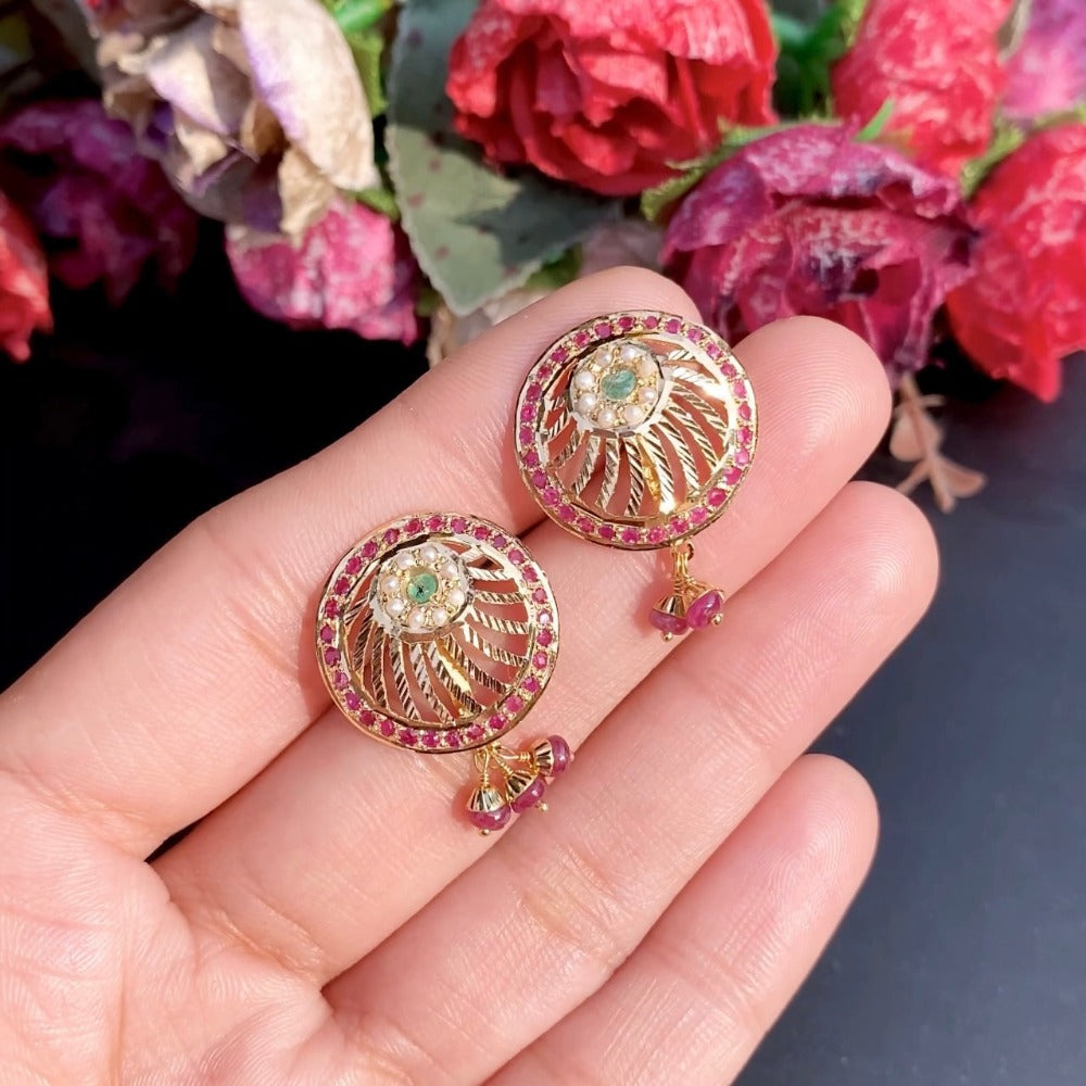 ruby emerald studded round gold studs for women