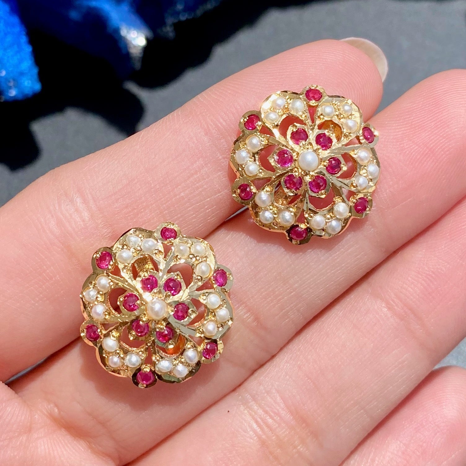 Intricate Jadau Tops on Silver | Ruby Pearl Combination | Premium Handmade Indian Jewelry ER 582